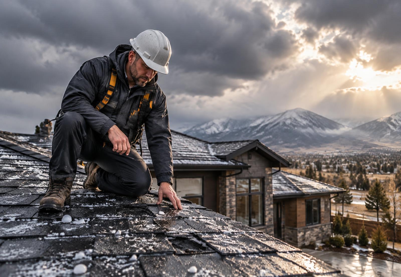 Roofing professional inspecting storm effects on a residential roof