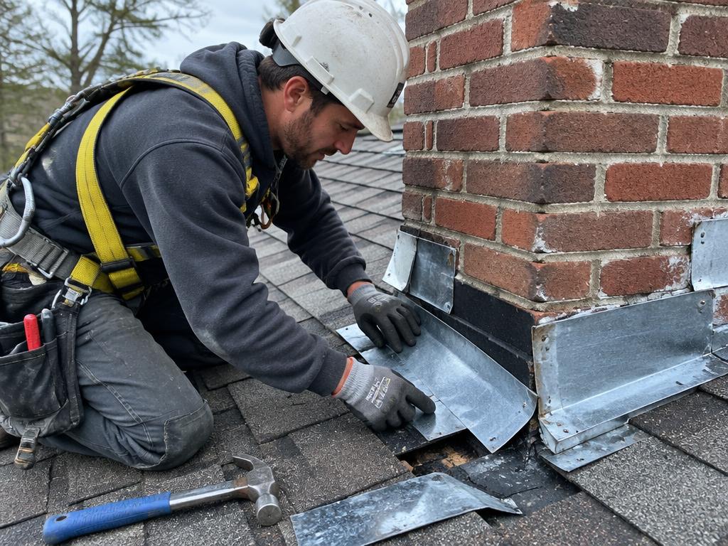 Roofer repairing flashing on a shingle roof